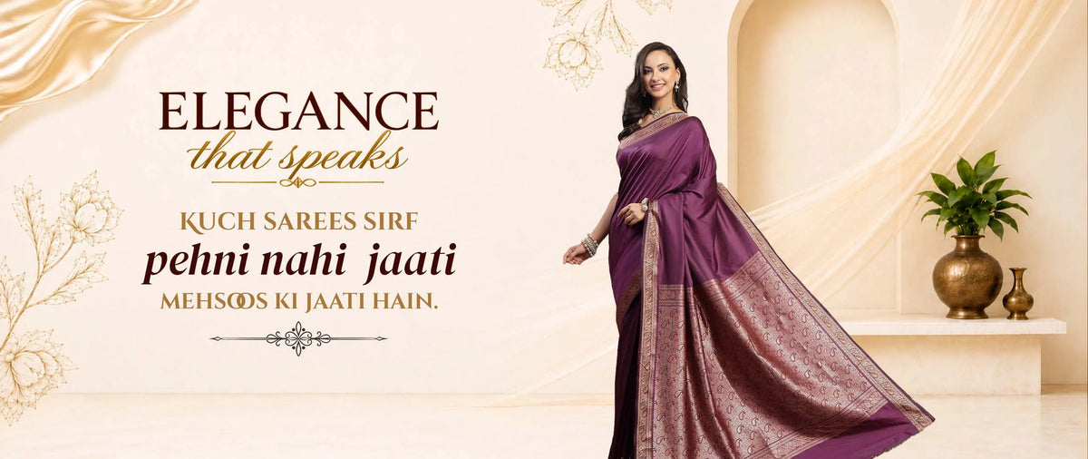 A woman models a purple and gold saree in a luxurious cream-colored sukunj banner.